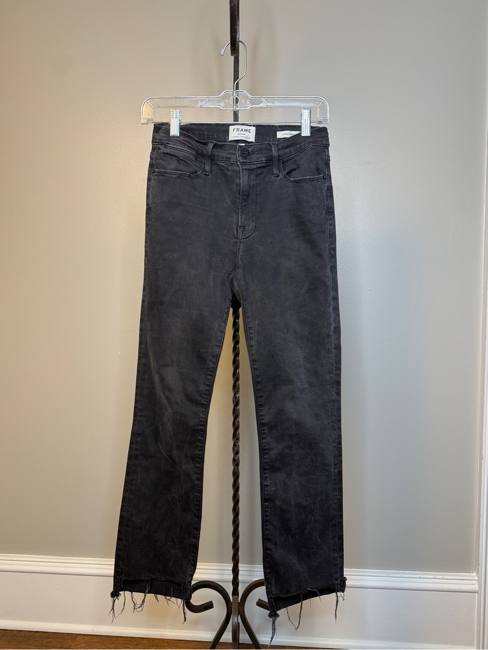 Frame Denim Le High Straight Washed Black Straight Leg Jeans with Frayed Hem